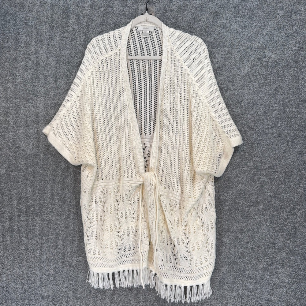 Cj Banks Cardigan Women 3X Tan Open Knit Fringe Tie Front Boho Plus Sz Sweater